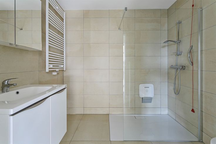 Badkamer met lavabo, handdoekradiator en inloopdouche zonder opstap