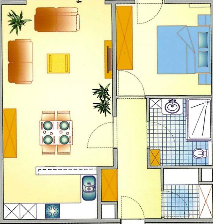 Grondplan van de woning. Vanuit de inkomhal bereikt u de leefruimte met zithoek, eethoek en keuken, de slaapkamer, de badkamer met inloopdouche, lavabo en toilet, en een berging.
